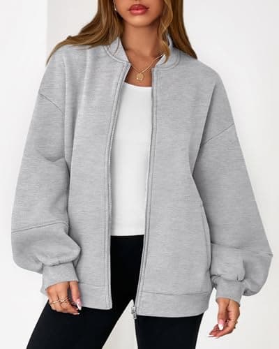 KIRUNDO Oversized Sweatshirt for Women Zip Up Bomber Jacket 2026 Fall Fashion Casual Long Sleeve Outerwear Winter Outfits(Grey, Medium) - Thumbnail 6