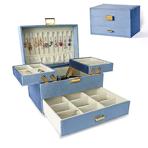 Dajasan Velvet Jewelry Boxes for Women Girls, Jewelry Organizer Box, Jewelry Storage Organizer for Rings Necklaces Bracelets Watch Earring (Blue) - Image 1