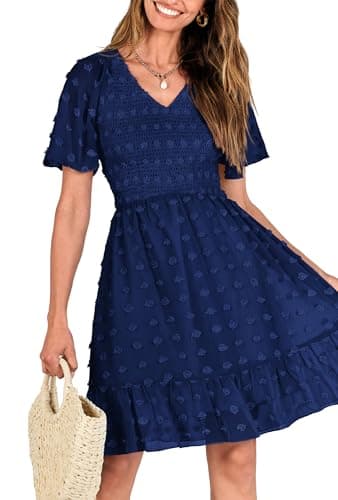 BTFBM Womens Beach Vacation Dress Summer 2026 V Neck Short Sleeve Smocked Swiss Dot Ruffle Casual Spring Mini Dresses(Navy, XX-Large) - Thumbnail 5