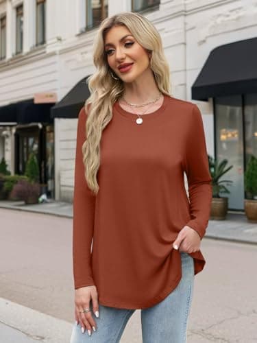 JUSTFASHIONNOW Womens Long Sleeve Tops Casual Fall Shirts Crew Neck Tees Cute Blouses Dressy Thanksgiving Tunic Tops Winter Basic T Shirts (Caramel, Small) - Thumbnail 5