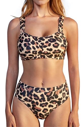 MOOSLOVER Women Bandeau High Waisted Bikini Sets Cheeky High Cut Swimsuit 2 Piece Bathing Suits (L,Leopard) - Image 1