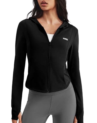 K-Swiss Women's Cropped Workout Jacket - Zip Up Slim Fit Lightweight Tops - Athletic Jackets with hood & Thumb holes,Black L - Image 1
