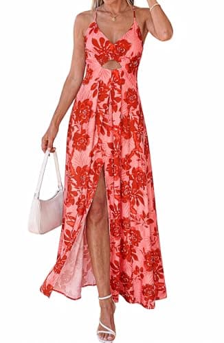 BTFBM Summer Dresses for Women 2026 Spring Floral Spaghetti Strap Smocked Cutout Maxi Dress Resort Beach Vacation Outfit(Floral Watermelon Red, X-Large) - Thumbnail 6