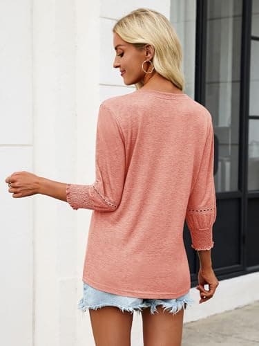 Womens 3/4 Sleeve Tops Smocked V Neck Blouses Dressy Casual Fashion T-Shirts Cute Summer Outfits Trendy Orange - Thumbnail 3