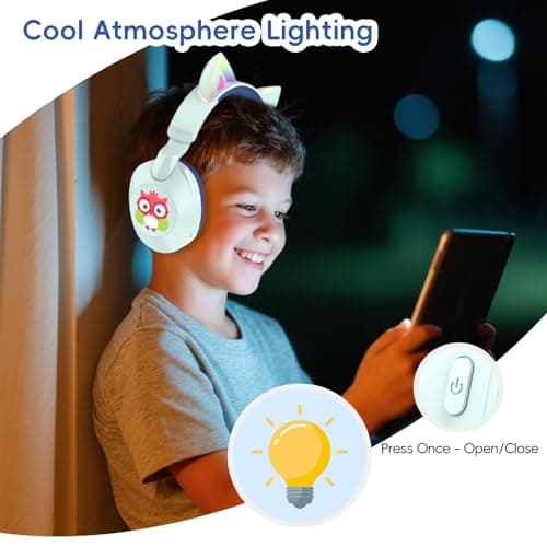 LOBKIN Kids Headphones with Microphone Bluetooth 6.0, Toddler Headphones LED Ligh Rotatable Foldable Sensitive Mic Adjustable 85/94dB Volume Limit Real-time Audio Feedback for Boys Girls Online School - Thumbnail 4