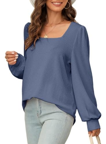 Dokotoo Women's Tops Cute Square Neck Ribbed Knitted Long Sleeve Solid Color Sweatshirt Fall Fashion 2026 Waffle Knit Shirt Tops Casual Striped Tunics Blouses Blue Small - Image 1