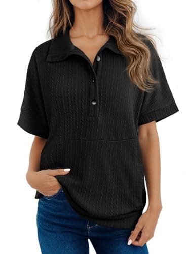 Dokotoo Womens Summer Tops Button Down Short Sleeve Shirts for Women V Neck Casual Solid Shirt Ladies Tops and Blouses Tunics or Tops to Wear with Leggings Women's Clothing Black Blouses for Women S - Image 1
