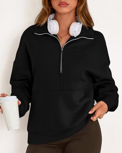 KIRUNDO Sweatshirt for Women 2026 Fall Half Zip Pullover Oversized Fleece Mock Neck Hoodies Fashion Outfits Winter Clothing(Black, Small) - Thumbnail 5