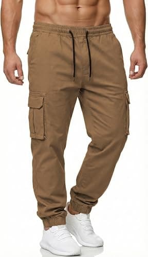 DISLANBO Mens Jogger Pants Casual Lightweight Cargo Pants Drawstring Elastic Waist Tapered Leg Pants with Pockets Coffee S - Image 1
