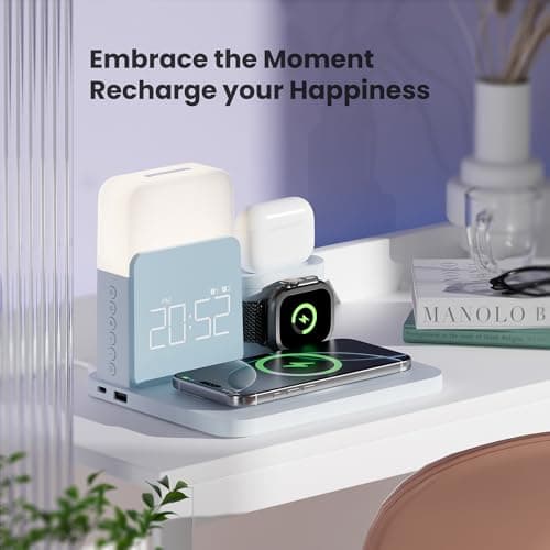 Alarm Clock Charging Station for Bedrooms, 7 in 1 Wireless Charging Station, Magnetic Charger with Night Light Bedside Clock for iPhone 17 16 15 14 13 12 Pro Max, Apple Watch, AirPods (Blue) - Thumbnail 6