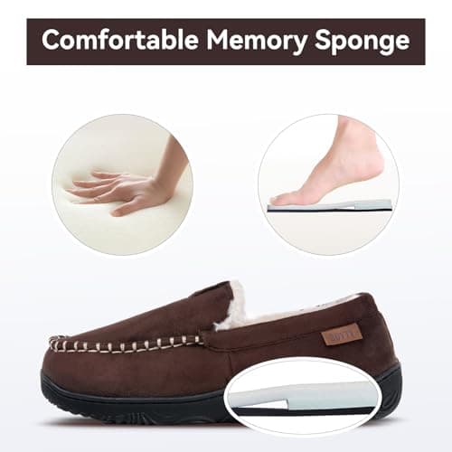 BOVTY House Slippers for Men Moccasins - Memory Foam&Warm Plush Indoor Outdoor Slip-on Loafers Brown - Thumbnail 5