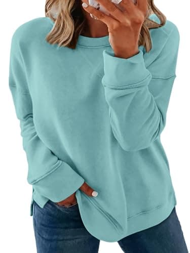 TAKEYAL Plus Size Pullover Tops Women Cozy Fuzzy Oversized Drop Shoulder Hoodie Casual Plain Crewneck Sweatshirt (Light Blue, 3XL) - Image 1