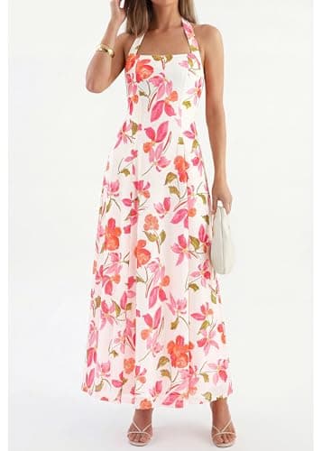 KIRUNDO Women's Summer Sleeveless Halter Floral Maxi Dress 2026 Beach Wedding Guest Cocktail Mesh Flowy A Line Long Sundress(White, Small) - Thumbnail 5