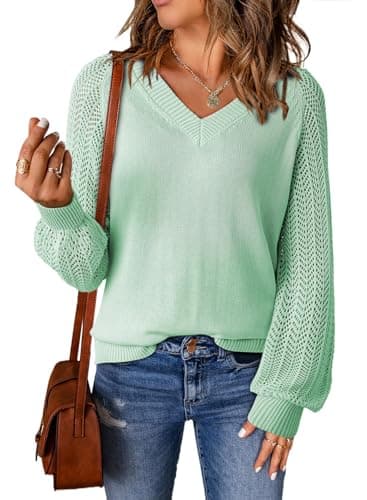 Dokotoo Sky Blue Sweaters for Women 2026 V Neck Long Puff Sleeve Solid Color Hollow Out Fashion Casual Loose Plain Pointelle Knit Pullover Sweater Jumper Outerwear Large - Image 1