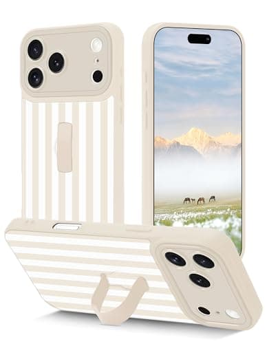 Aitipy Striped Phone Case Compatible with iPhone 17 Pro, with Finger Hand Strap Kickstand Shockproof Full Camera Protection Soft TPU Protective Cover for Women Girls, Beige Striped - Image 1