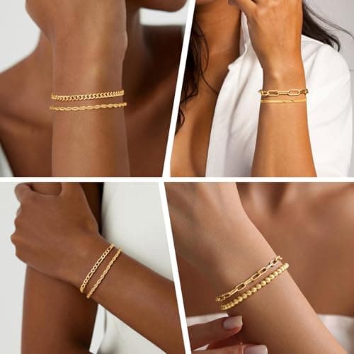 Mujahid Gold Bracelets for Women Waterproof, 14K Gold Plated Bracelets Stack Adjustable Jewelry Set for Gifts;Trendy Thin Dainty Stackable Cuban Link Paperclip Chain Bracelet Pack Fashion Accessories - Thumbnail 6