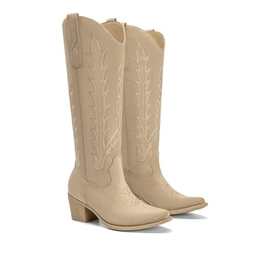 Athlefit Western Cowboy Boots for Women Knee High Cowgirl Comfortable Pull On Block Heel Pointed Toe Embroidered Camel Suede Tall Boots for Travel Walking Camel Suede Size 11 - Thumbnail 4