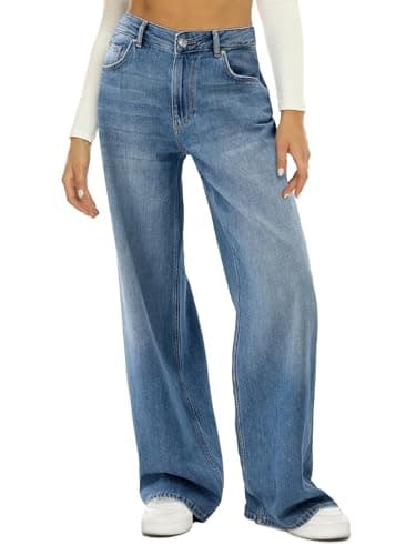 HDLTE Women’s Wide Leg Jeans Casual High Waisted Stretch Baggy Loose Denim Pants Ballad Blue, X-Large - Image 1