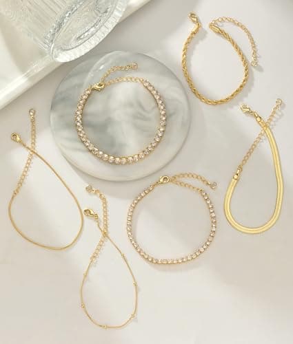 Gold Bracelets for Women 14K Gold Plated Stack Trend Bracelets Charm Paperclip Chain Cuban Link Layered Waterproof Bracelet Dainty Bracelet for Women Jewelry Gifts (6Pcs Gold) - Thumbnail 6