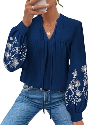 LOOKBOHO Boho Tops for Women Floral Embroidered Long Sleeve Peplum Blouses V Neck Tie Front Mexican Shirt Dressy Casual XL - Image 1