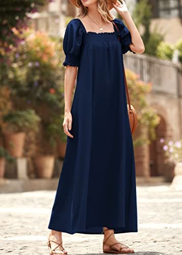 KIRUNDO Women 2026 Summer Maxi Dress Casual Loose Puff Sleeve Square Neck Maternity Flowy Long Beach Dresses with Pockets(Navy, Large) - Thumbnail 3