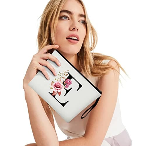 Vavabox A-Z Personalized Makeup Bag, Birthday Gifts for Women Mom, Gifts for Best Friend, Bride Bridesmaid Cosmetic bag (E, White) - Thumbnail 6