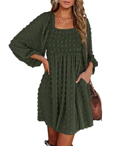 BTFBM Womens Long Sleeve Dress Vacation Square Neck Smocked Floral Swiss Dot Mini Boho Fall Wedding Guest Dresses 2025(Swiss Dot Army Green, X-Large) - Image 1