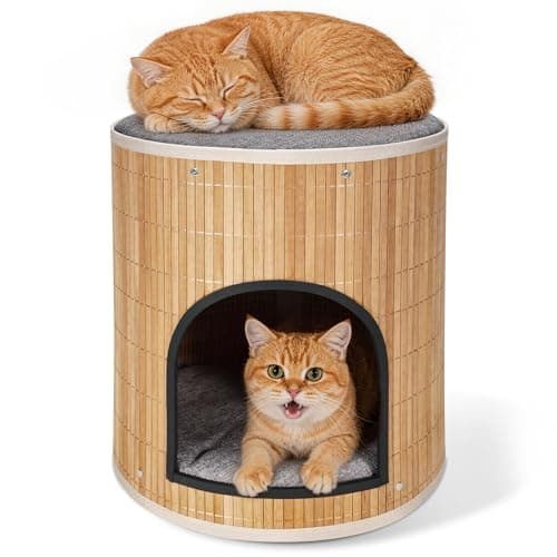 Cat Beds Indoor House, Handwoven Bamboo Cat Cave Pet Cube, Large Cat Houses, 2 Bed Mat, Foldable,Hideaway, 15.9x13.9 Inches, Living Room Bedroom Terrace Home Decoration Natural - Image 1