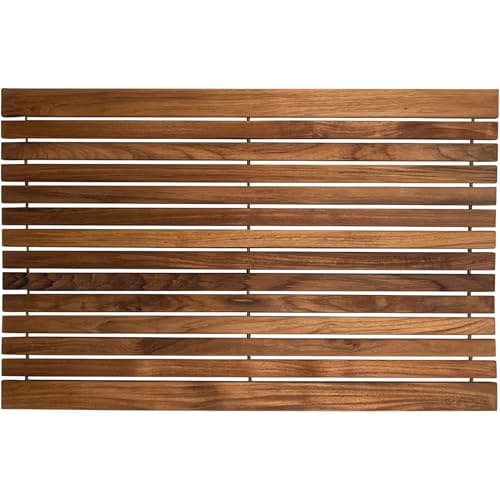 Nordic Teak 100% Solid Teak Wood String Mat - Indoor and Outdoor Use - Non-Slip Wooden Platform for Sauna, Pool, Hot Tub Flooring Decor and Protector (Oiled Finish w/Front Slabs, 31.4" x 19.6") - Image 1