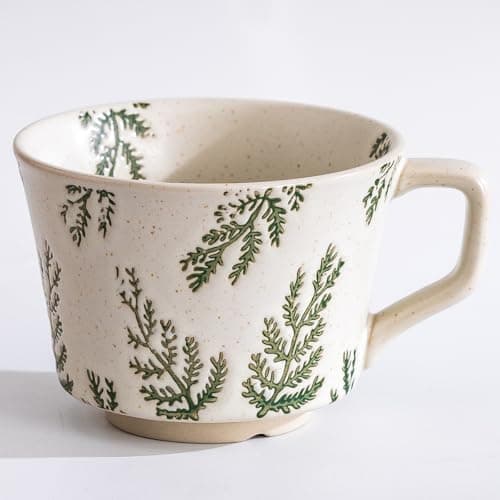 Tvvtuww Ceramic Mug 1pcs, 11oz - Vintage Coffee Mug, Pottery Cups for Milk, Latte, Cappuccino, Tea - Porcelain Dishwasher, Microwave Safe Stoneware Green Leaf - Image 1