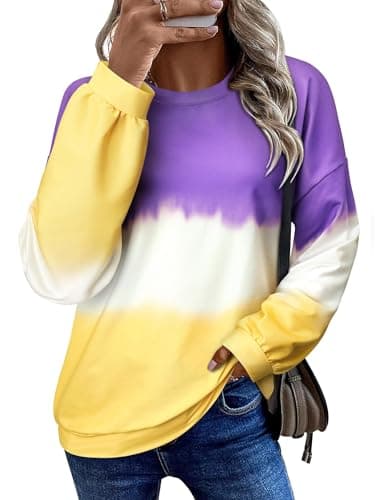 Dresswel Women's Color Block Long Sleeve Pullover Tops Casual Round Neck Loose Sweatshirts Fashion Fall Sweat Shirts, A-Purple M - Image 1