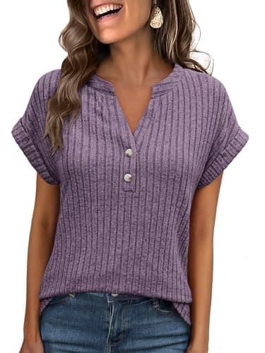ANRABESS Womens Short Sleeve Henley Shirts V Neck Summer Sweaters 2026 Spring Business Tunic Tops Dressy Casual Work Blouses Purple Large - Image 1