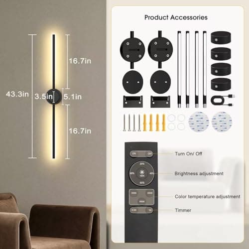 AHAWILL Battery Operated Wall Sconces Set of Two with Remote,Stepless 3CCT Dimmable, USB Rechargeable Wireless Wall Lamp,360°Rotate Wall Lights for Bedroom,43.3inch(Two Pairs of Batteries) - Thumbnail 3