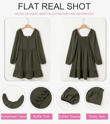 Dokotoo Womens Elegant Dresses 2026 Fashion Crewneck Long Sleeve Empire Waist Dress Casual Ruffle Trim Smocked Flowy Mini Dress Green Medium - Thumbnail 4