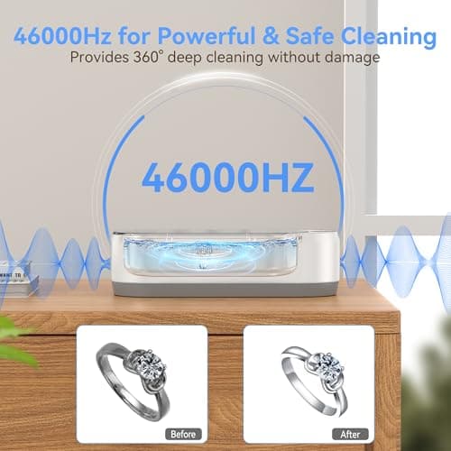 KUNPHY Jewelry Cleaner, 46KHZ, 12OZ Capacity, Ultrasonic Jewelry Cleaner with 50ml Solution, One-Touch Operation, Professional Ultrasonic Cleaner Idea for Silver, Gold Jewelry, Glasses, Rings, Diamond - Thumbnail 3