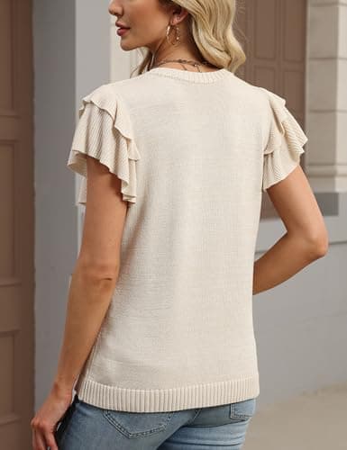 CiCiBird Women's Cute Crochet Sweater Top Ruffle Short Sleeve Crew Neck Knit Blouse Eyelet Summer Apricot S - Thumbnail 2