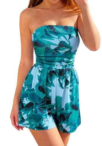 BTFBM Romper For Women 2026 Spring Strapless Printed Tube Boho Wide Leg Beach Short Jumpsuit Summer Date Night Rompers(Floral Green, X-Small) - Image 1