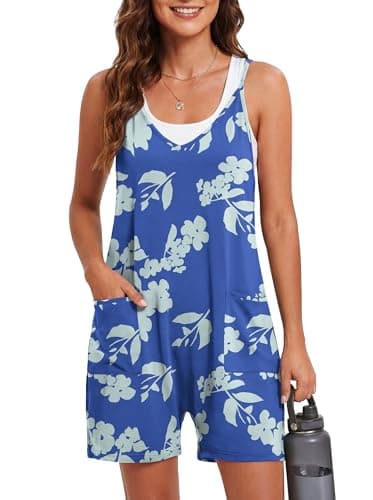 LILBETTER Women's Summer Rompers Casual Sleeveless Spaghetti Strap Shorts Jumpsuit Overalls Outfits with Pockets(Xiao Hua Blue Small) - Image 1