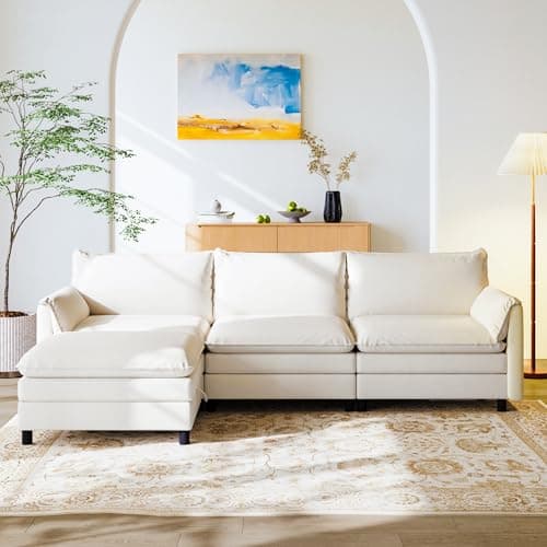 FLEXISPOT SF6 L-Shaped Cloud Sectional Couch with Storage Ottoman, 3-Seater Modular Sectional Sofa, 100.4" Wide Comfy Upholstered Sofa Couch for Living Room Apartment, Chenille White - Image 1