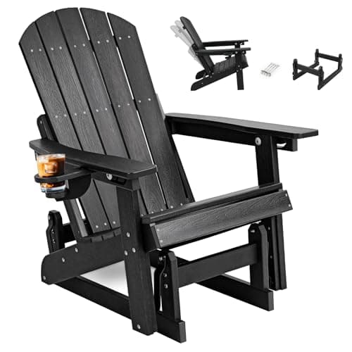 Kibaso Outdoor Glider Chair with Cup Holder, HDPE Patio Glider Rocker with 3-Position Adjustable Backrest, All-Weather Porch Glider Chair for Outside Pool, Yard, Deck (Black) - Image 1