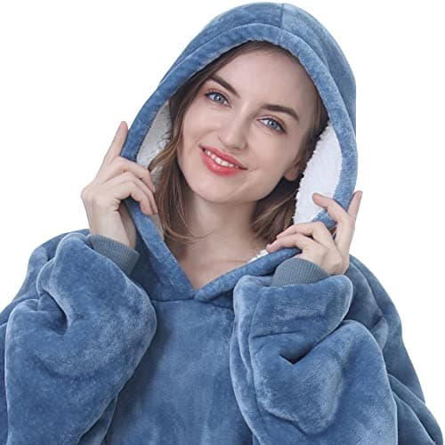 Kipswiza Oversized Wearable Blanket Hoodie, Cozy Sherpa Hooded Blankets Sweatshirt for Women Men Mom Daughter with Big Pockets as Gifts - Denim Blue - Thumbnail 6