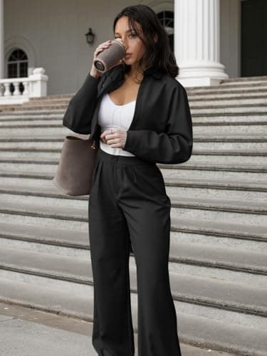 EXLURA Womens 2 Piece Outfits Long Sleeve Zip Up Crop Jackets Long Wide Leg Pant Suits Spring Airport Travel Matching Sets - Thumbnail 2