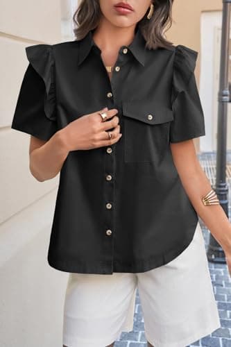 Cicy Bell Womens Ruffle Button Down Shirts Dressy Casual Short Puff Sleeve Cotton Tops Summer Loose Fit V Neck Blouses Black - Thumbnail 6