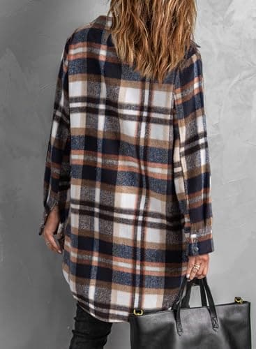 EVALESS Color Block Plaid Shacket Jacket Womens Fall Clothes Fashion 2025 V Neck Outfits Long Sleeve Jackets for Women Button Down Flannel Shirts Loose Cardigans Coats With Pockets Blue X-Large - Thumbnail 4
