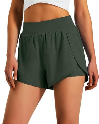 Ksmien Womens 3" Athletic Running Shorts - 2 in 1 Quick Dry Split Workout Gym Shorts with Liner Phone Pockets Olive Green - Image 1