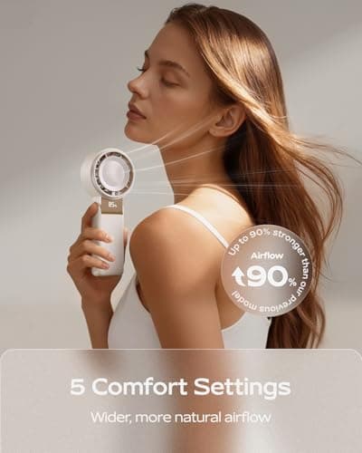 SHEWIND Portable Handheld Mini Fan for Women - 4000mAh Rechargeable, 5 Speeds, 20H Max, Folding Travel Turbo Fan with LED Display - Cream - Thumbnail 3