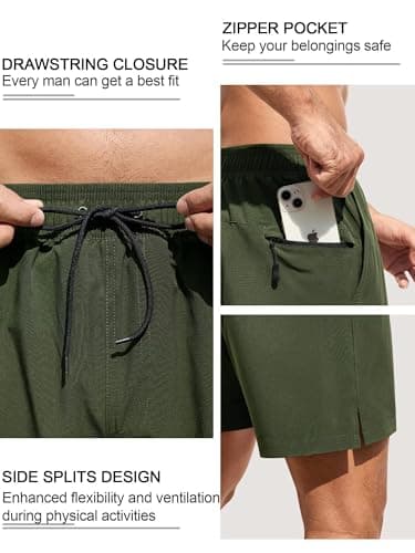 SILKWORLD Mens Swimsuit Trunks 6" Quick-Dry Swim Shorts with Compression Liner and Zipper Pockets, Army Green, Large - Thumbnail 2