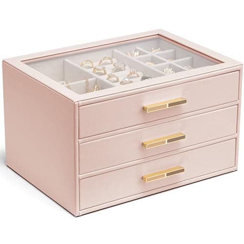 VLANDO Jewelry Box for Women, Glass Lid Jewelry Organizer with 3 Drawers for Necklaces Rings Earrings Bracelets Mother Day Gift for Mom - Dark Pink