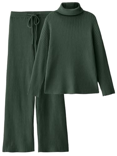 LILLUSORY Women 2 Two Piece Outfits Winter Clothes Turleneck Sweater Matching Lounge Sets Wide Leg Pants 2026 Fall Trendy Cozy Ribbed Knit Sweatsuits Sweat Suit Travel Loungewear Dark Green XL - Image 1