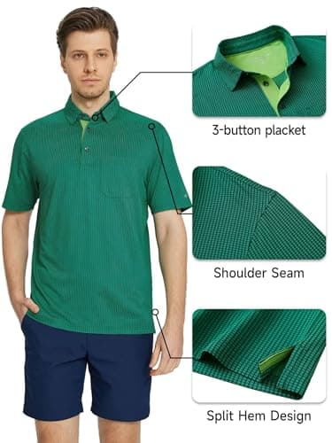 Rouen Mens Golf Shirt Dry Fit Short Sleeve Casual Performance Lightweight Collared Pocket Polo Shirts for Men Green - Thumbnail 2